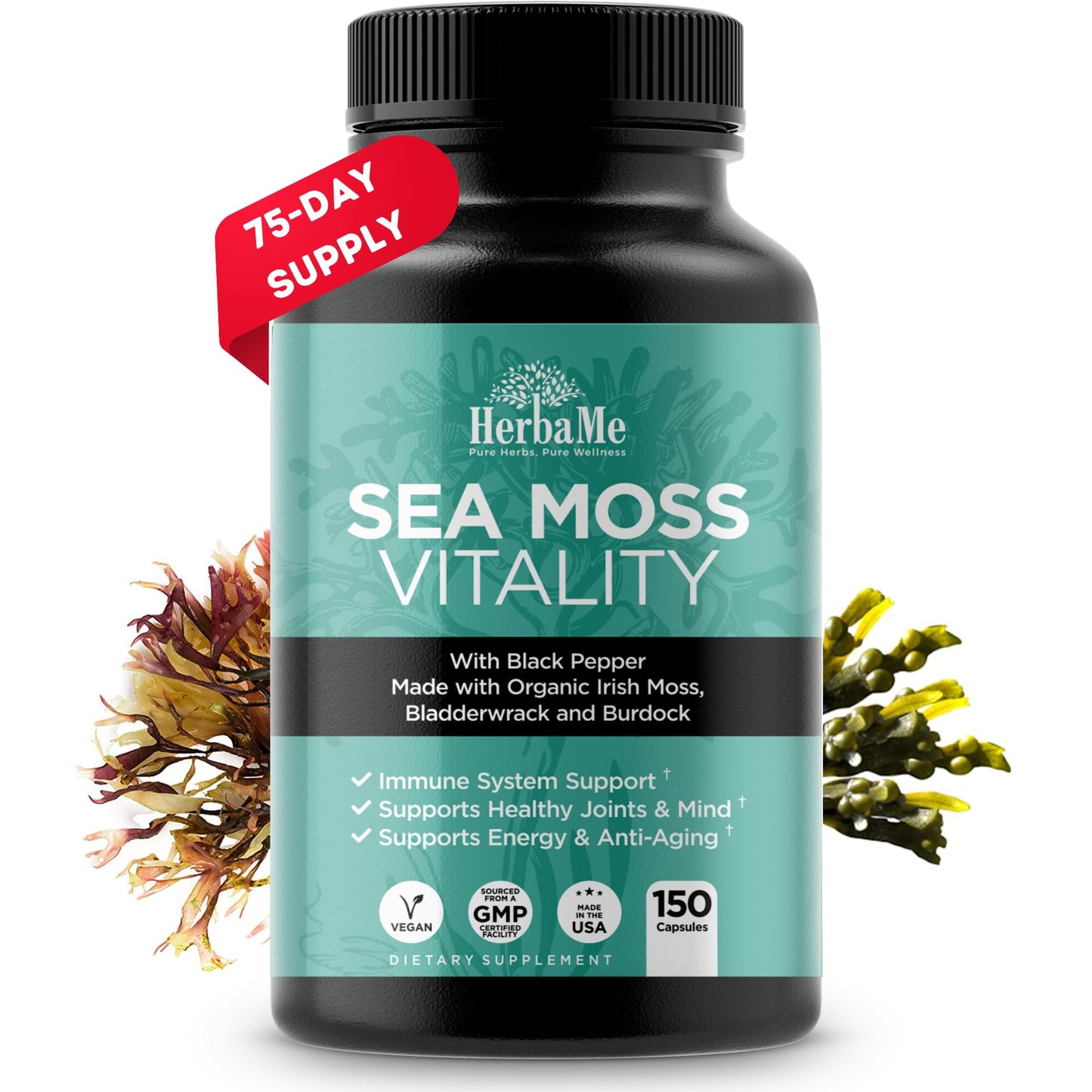 HerbaMe Organic Irish Sea Moss with Bladderwrack, Burdock Root & Black Pepper Extract, 150 Capsules, Thyroid Support, Natural Iodine Source, Promotes Immune System, Cell Food, Alkaline Supplement - dailyvitalstore