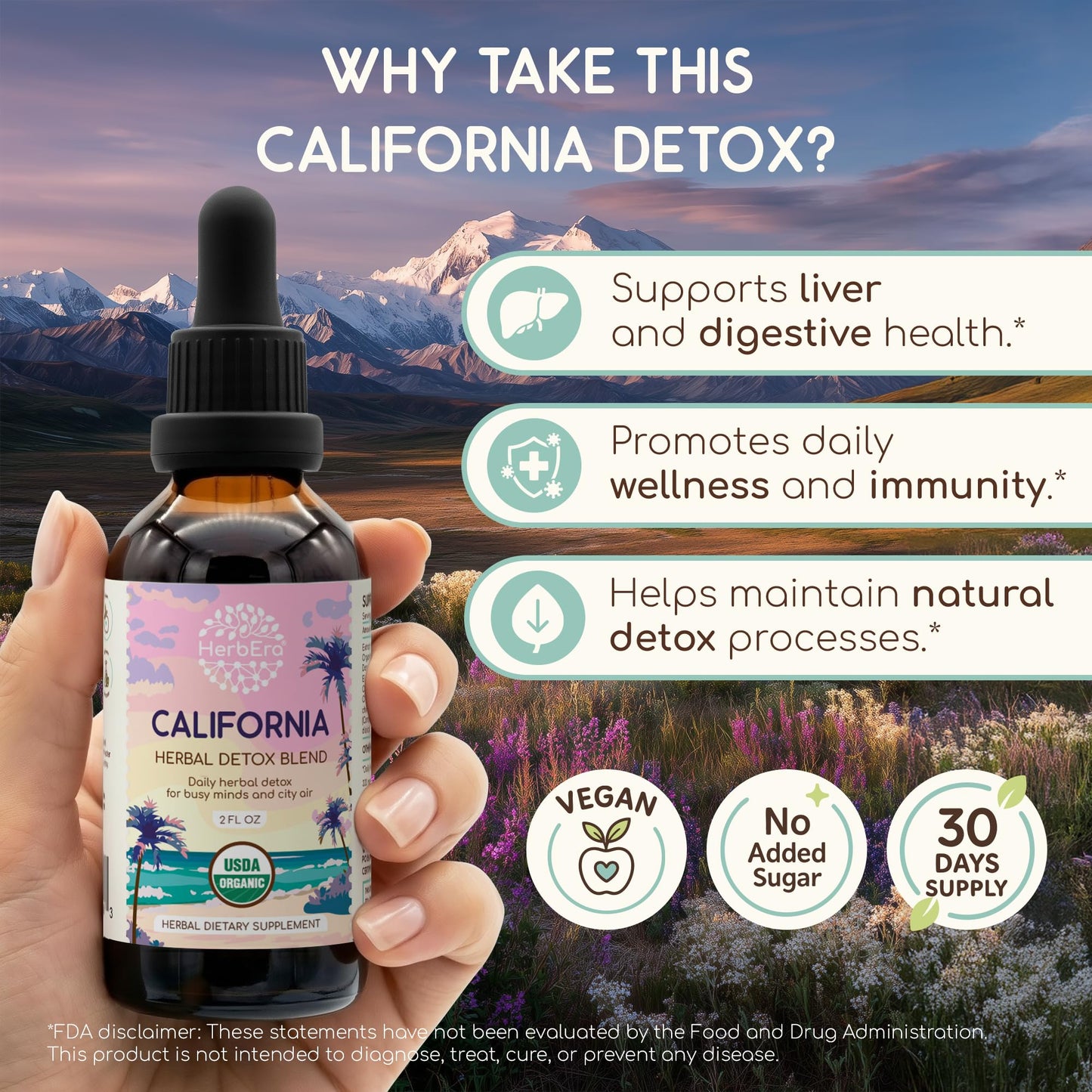 HerbEra California Herbal Detox Blend - USDA Organic Extract, Made in USA | Immune & Liver Support Liquid Drops | Burdock, Dandelion Root - dailyvitalstore