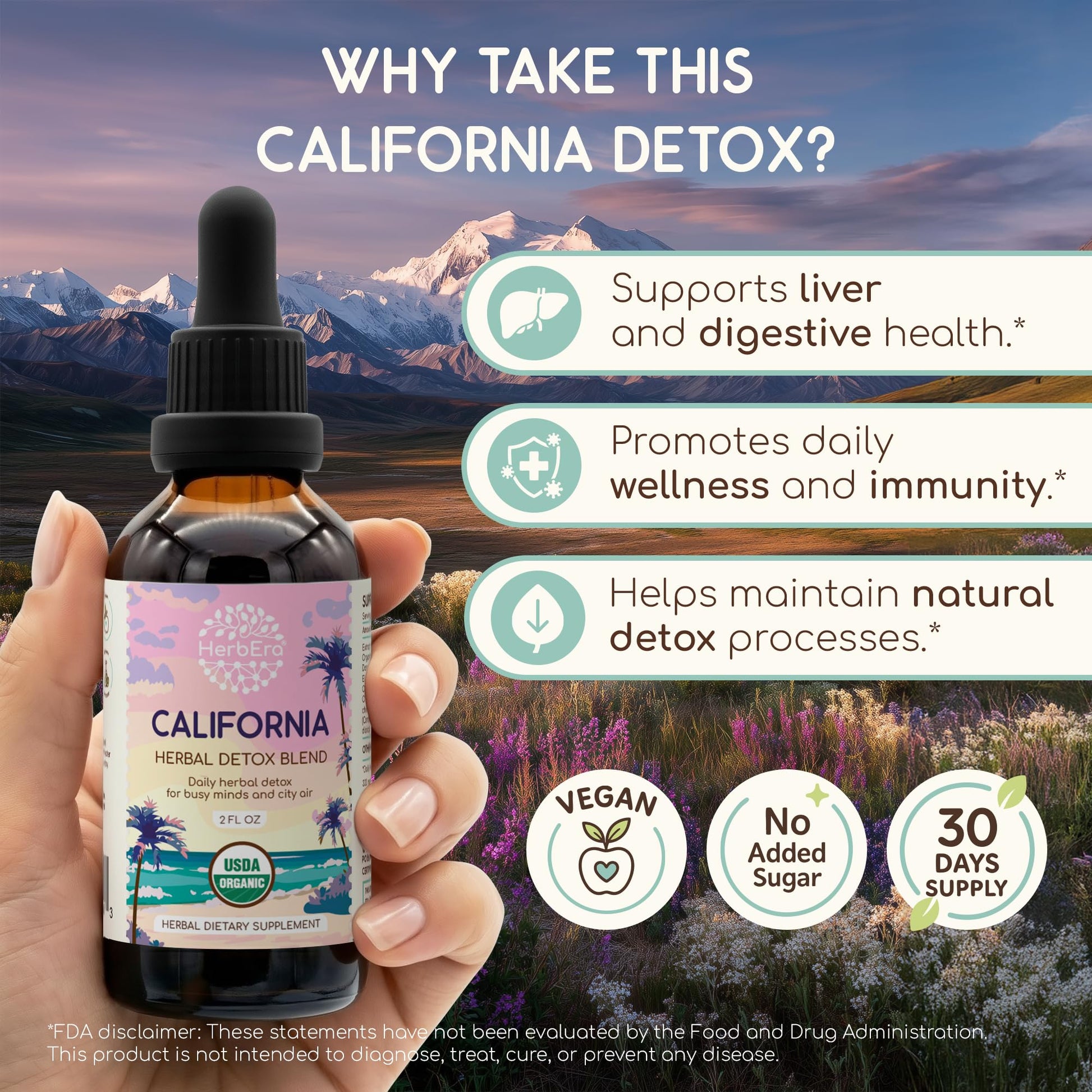 HerbEra California Herbal Detox Blend - USDA Organic Extract, Made in USA | Immune & Liver Support Liquid Drops | Burdock, Dandelion Root - dailyvitalstore