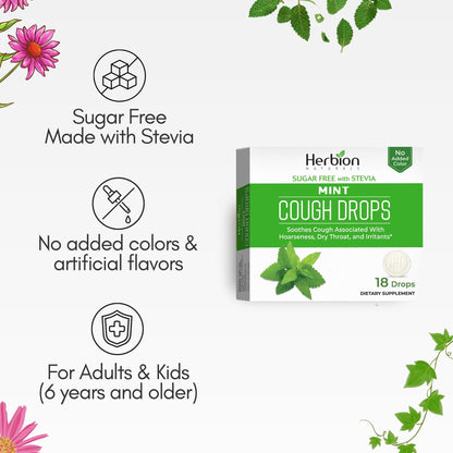 HERBION Naturals Cough Drops, Sugar Free with Stevia, Dietary Supplement, Soothes Cough, for Adults & Children Over 6 Years, 18 Count, Mint, Pack of 1 - dailyvitalstore