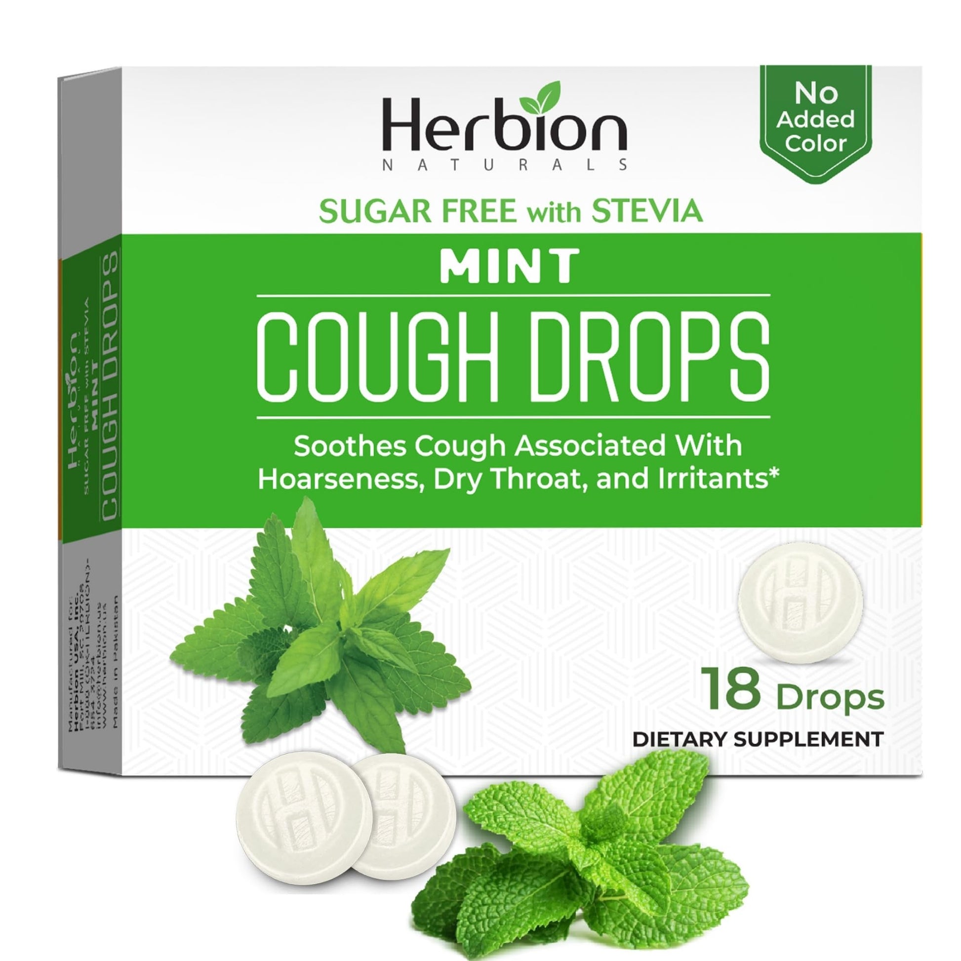 HERBION Naturals Cough Drops, Sugar Free with Stevia, Dietary Supplement, Soothes Cough, for Adults & Children Over 6 Years, 18 Count, Mint, Pack of 1 - dailyvitalstore