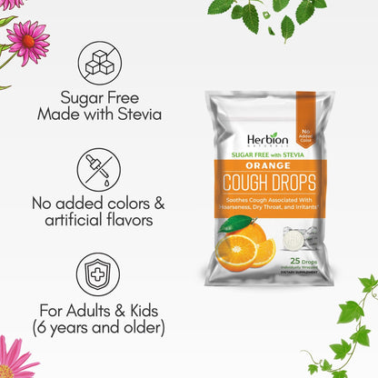 HERBION Naturals Cough Drops with Orange Flavor, Sugar-Free with Stevia, Soothes Cough, for Adults and Children Over 6 Years – Pack of 5(125 Lozenges) - dailyvitalstore