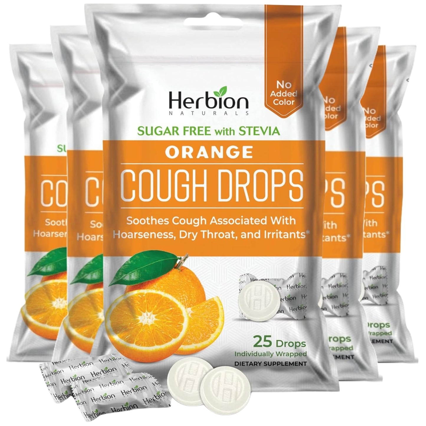HERBION Naturals Cough Drops with Orange Flavor, Sugar-Free with Stevia, Soothes Cough, for Adults and Children Over 6 Years – Pack of 5(125 Lozenges) - dailyvitalstore