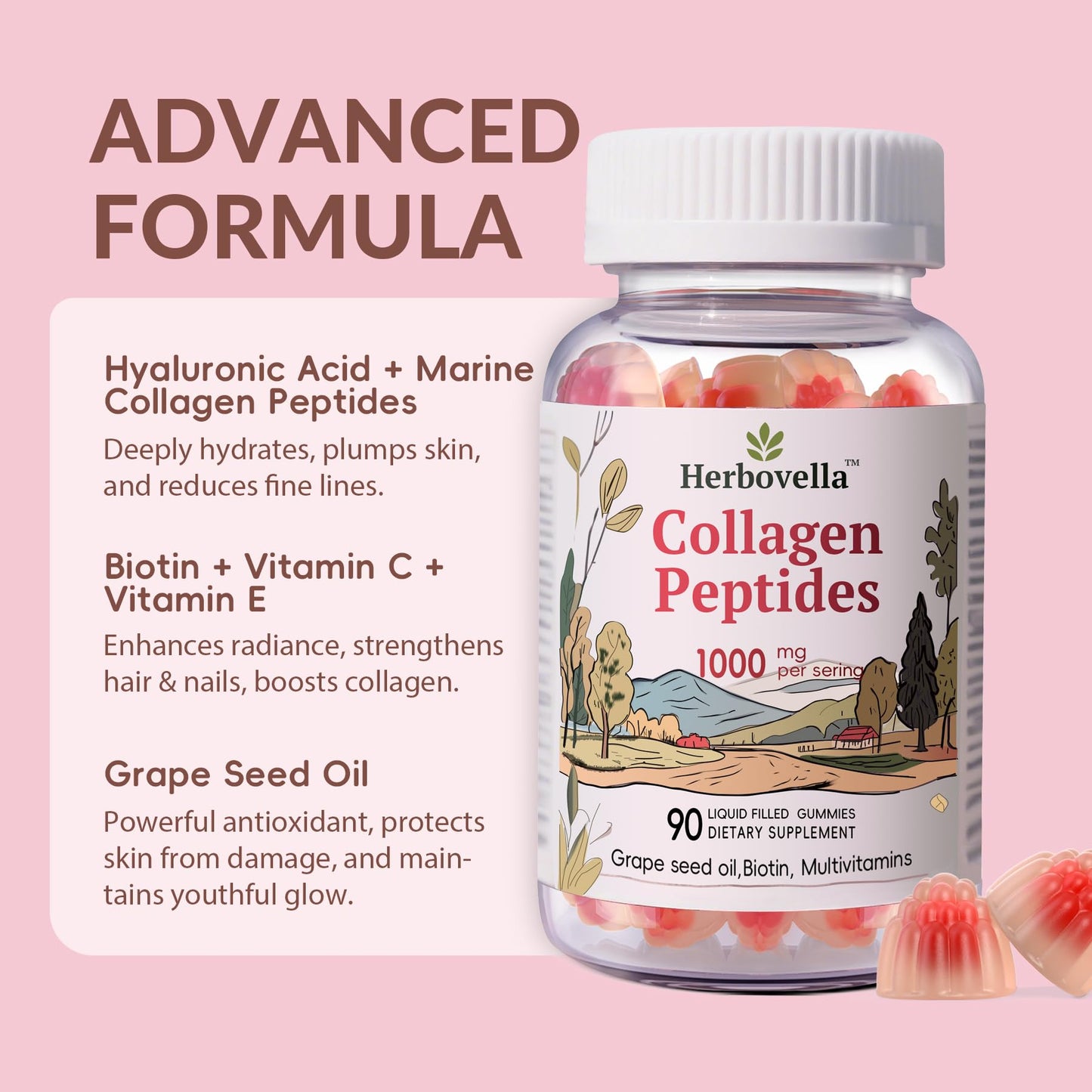 Herbovella Marine Collagen Peptides Gummies for Women- Hydrolyzed Collagen Peptides 1000mg with Biotin, Vitamins, Hyaluronic Acid- for Skin Hair Nails -Sugar Free, 30 Servings, Peach Flavor - dailyvitalstore