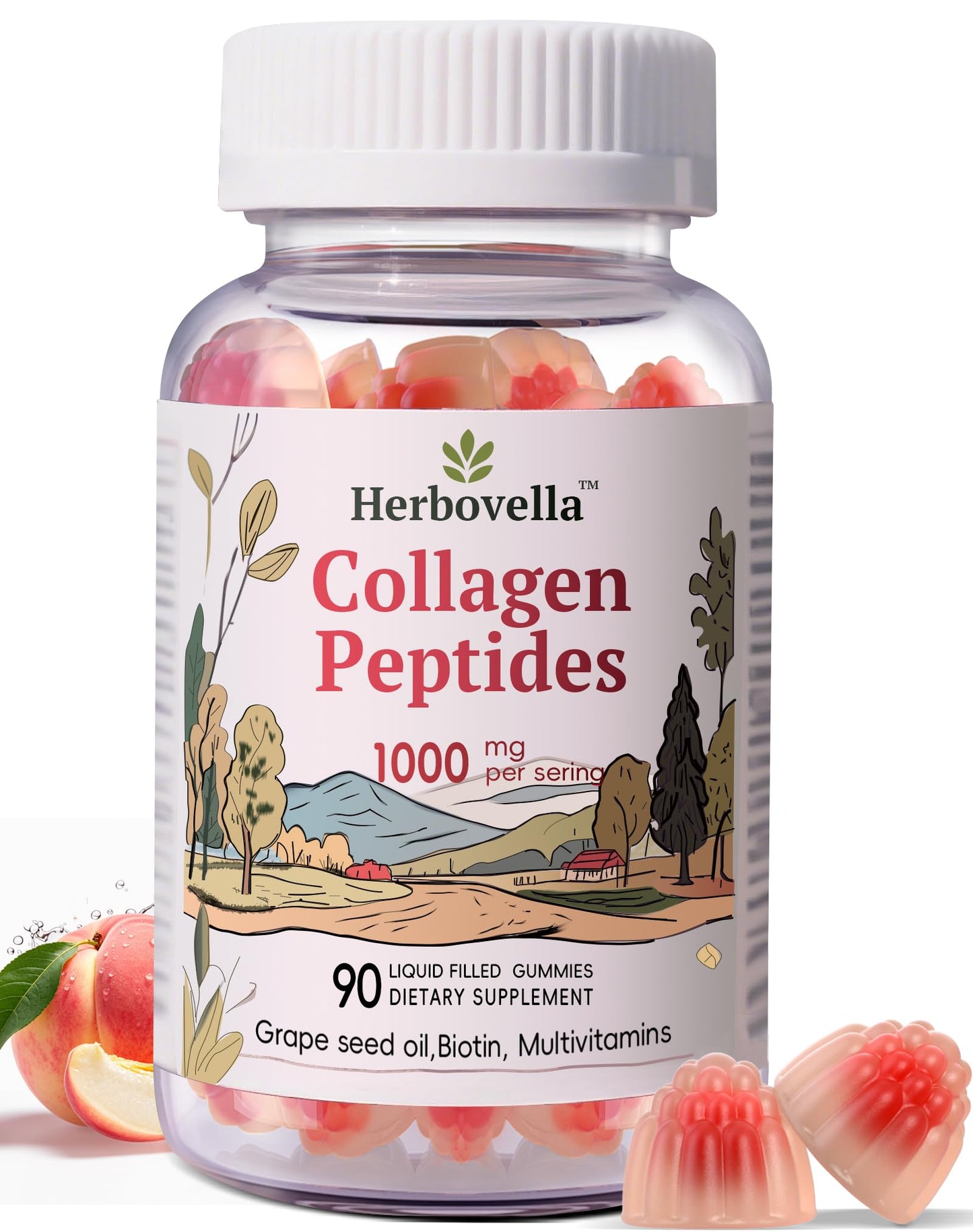 Herbovella Marine Collagen Peptides Gummies for Women- Hydrolyzed Collagen Peptides 1000mg with Biotin, Vitamins, Hyaluronic Acid- for Skin Hair Nails -Sugar Free, 30 Servings, Peach Flavor - dailyvitalstore