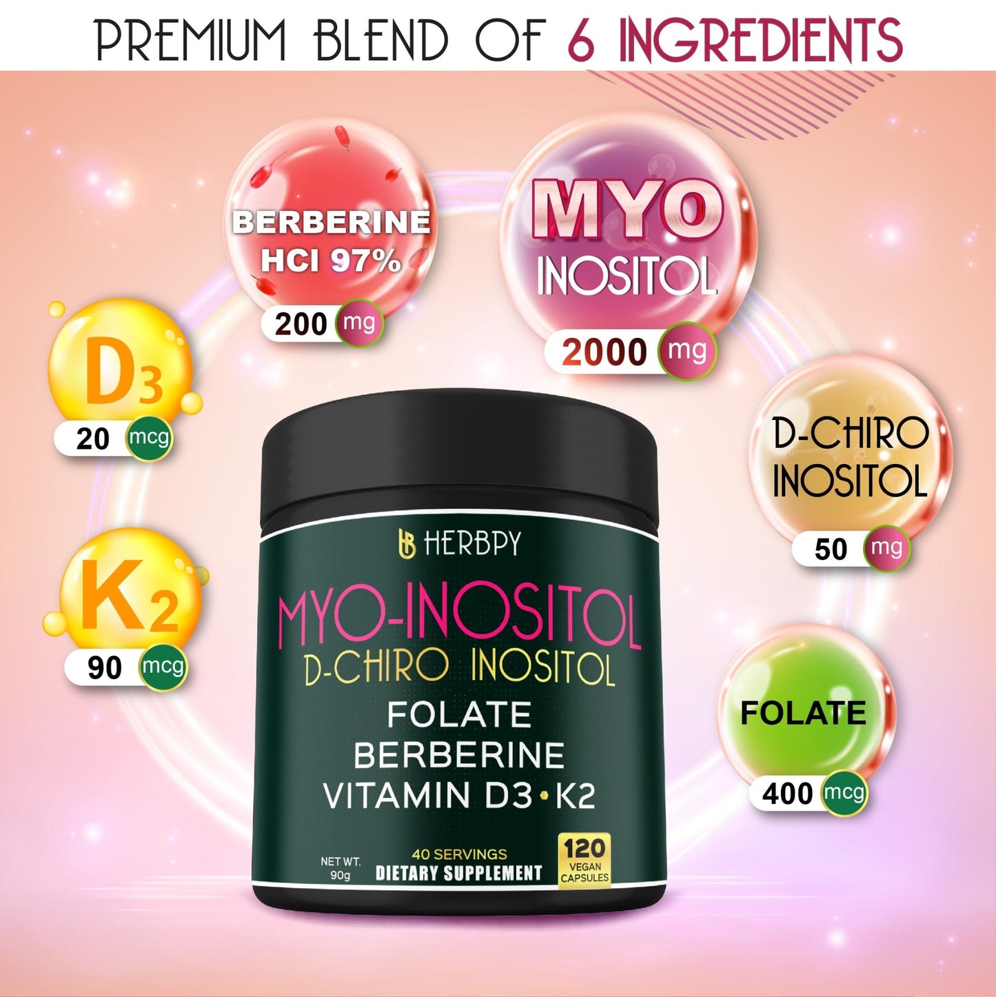 Herbpy 6in1 Premium 40:1 Myo-Inositol & D-Chiro Inositol Supplement for Women with Folate, Berberine HCl 97%, Vitamin D3 & K2 - Hormonal Balance & Ovarian Health Support- 120 Vegan Capsules - dailyvitalstore