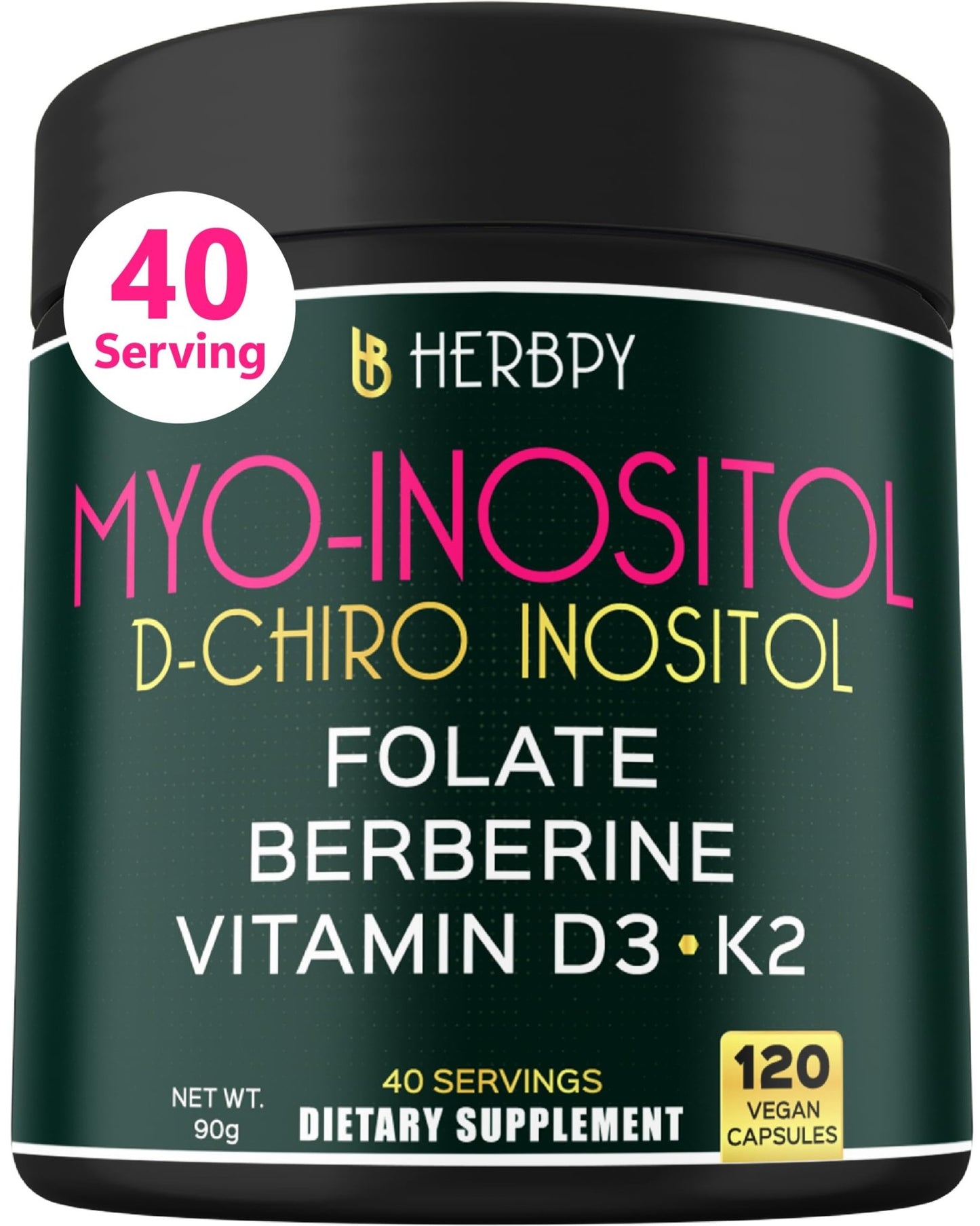 Herbpy 6in1 Premium 40:1 Myo-Inositol & D-Chiro Inositol Supplement for Women with Folate, Berberine HCl 97%, Vitamin D3 & K2 - Hormonal Balance & Ovarian Health Support- 120 Vegan Capsules - dailyvitalstore