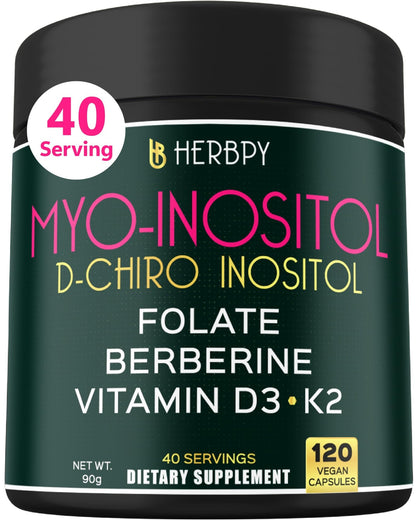 Herbpy 6in1 Premium 40:1 Myo-Inositol & D-Chiro Inositol Supplement for Women with Folate, Berberine HCl 97%, Vitamin D3 & K2 - Hormonal Balance & Ovarian Health Support- 120 Vegan Capsules - dailyvitalstore