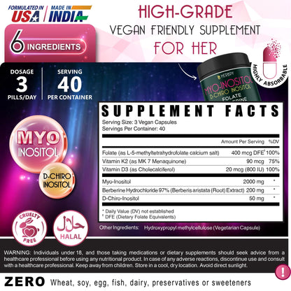 Herbpy 6in1 Premium 40:1 Myo-Inositol & D-Chiro Inositol Supplement for Women with Folate, Berberine HCl 97%, Vitamin D3 & K2 - Hormonal Balance & Ovarian Health Support- 120 Vegan Capsules - dailyvitalstore