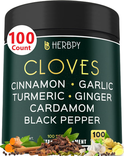 Herbpy 7in1 Clove Supplement Rich in Vitamins & Minerals Supports Digestion, Immune & Heart Health with Cinnamon, Turmeric, Ginger, Cardamom, Garlic & Black Pepper - 100 Vegan Capsules - dailyvitalstore