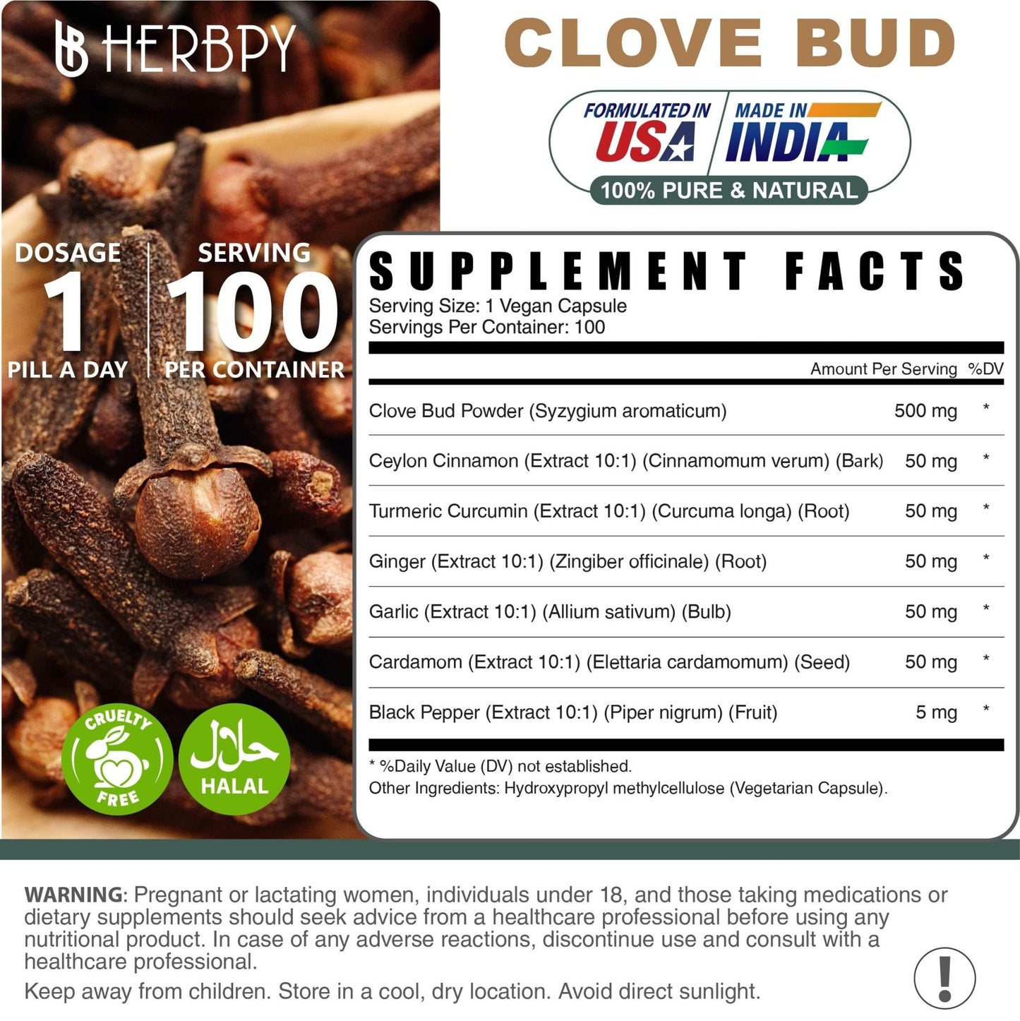 Herbpy 7in1 Clove Supplement Rich in Vitamins & Minerals Supports Digestion, Immune & Heart Health with Cinnamon, Turmeric, Ginger, Cardamom, Garlic & Black Pepper - 100 Vegan Capsules - dailyvitalstore