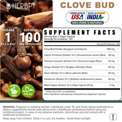 Herbpy 7in1 Clove Supplement Rich in Vitamins & Minerals Supports Digestion, Immune & Heart Health with Cinnamon, Turmeric, Ginger, Cardamom, Garlic & Black Pepper - 100 Vegan Capsules - dailyvitalstore