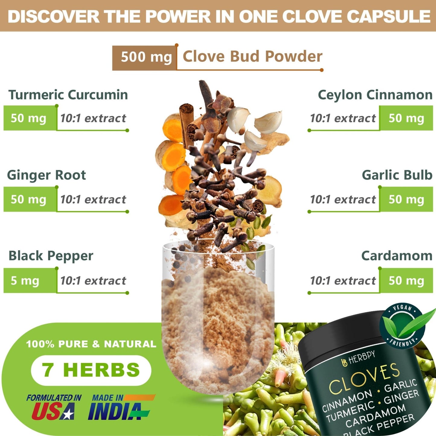 Herbpy 7in1 Clove Supplement Rich in Vitamins & Minerals Supports Digestion, Immune & Heart Health with Cinnamon, Turmeric, Ginger, Cardamom, Garlic & Black Pepper - 100 Vegan Capsules - dailyvitalstore