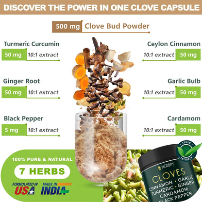 Herbpy 7in1 Clove Supplement Rich in Vitamins & Minerals Supports Digestion, Immune & Heart Health with Cinnamon, Turmeric, Ginger, Cardamom, Garlic & Black Pepper - 100 Vegan Capsules - dailyvitalstore