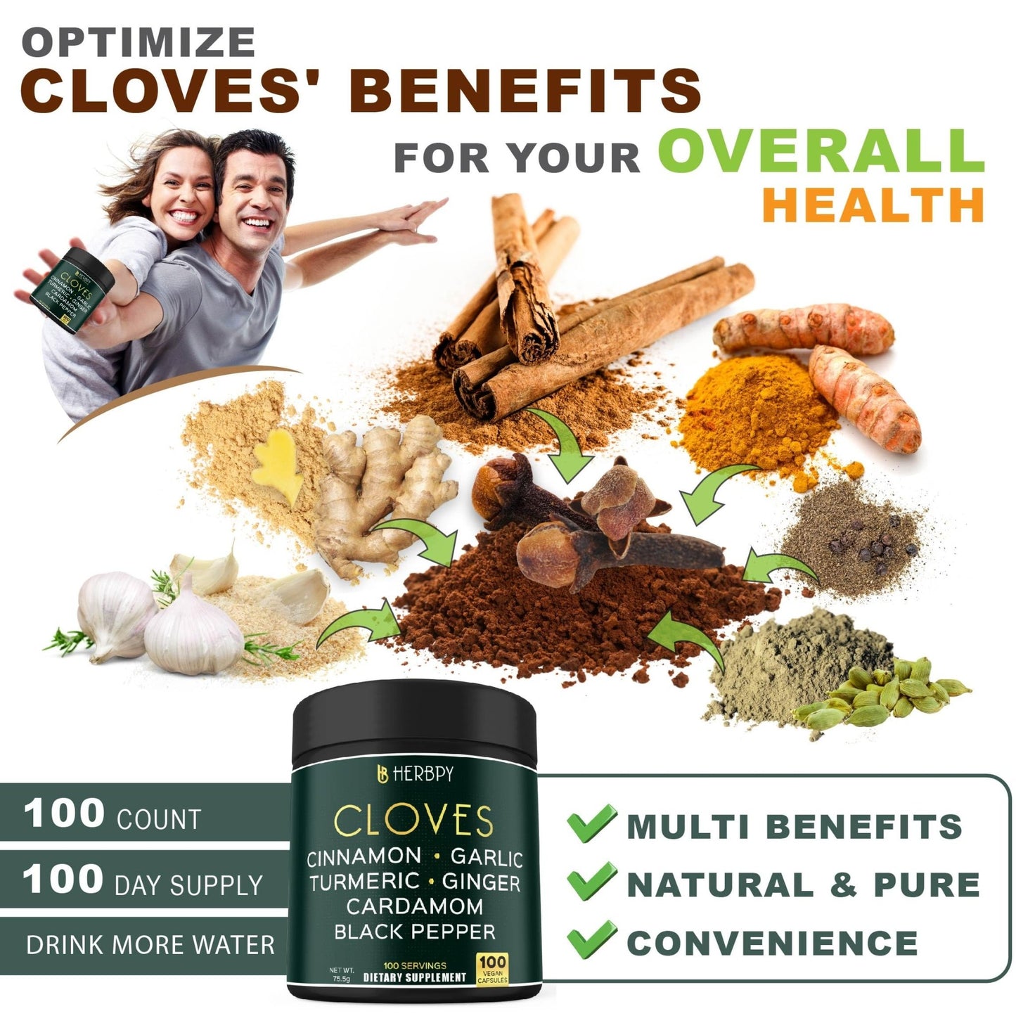 Herbpy 7in1 Clove Supplement Rich in Vitamins & Minerals Supports Digestion, Immune & Heart Health with Cinnamon, Turmeric, Ginger, Cardamom, Garlic & Black Pepper - 100 Vegan Capsules - dailyvitalstore
