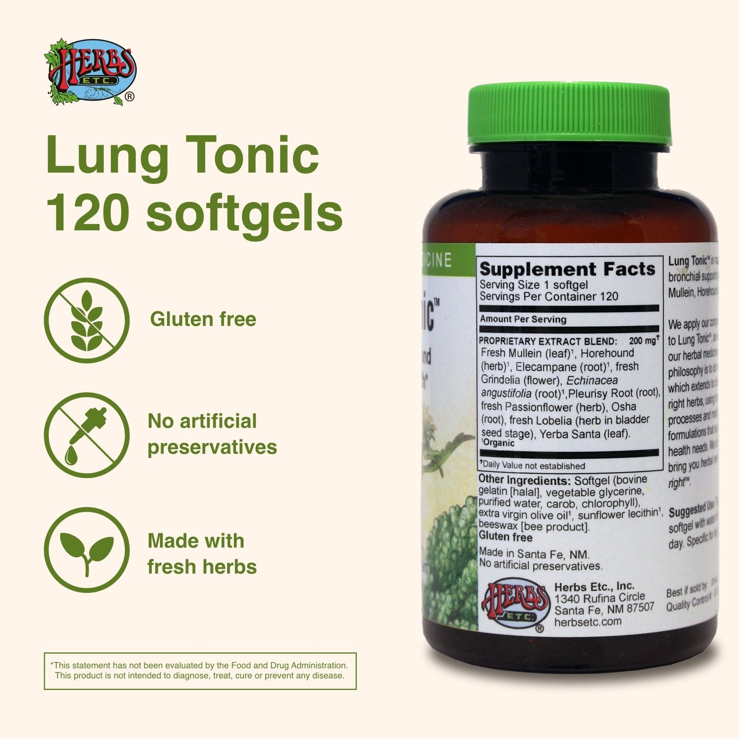 Herbs Etc. Lung Tonic - Lung Supplement for Bronchial Support - Healthy Breathing Support with Mullein, Horehound & Grindelia - 120 Softgels - dailyvitalstore