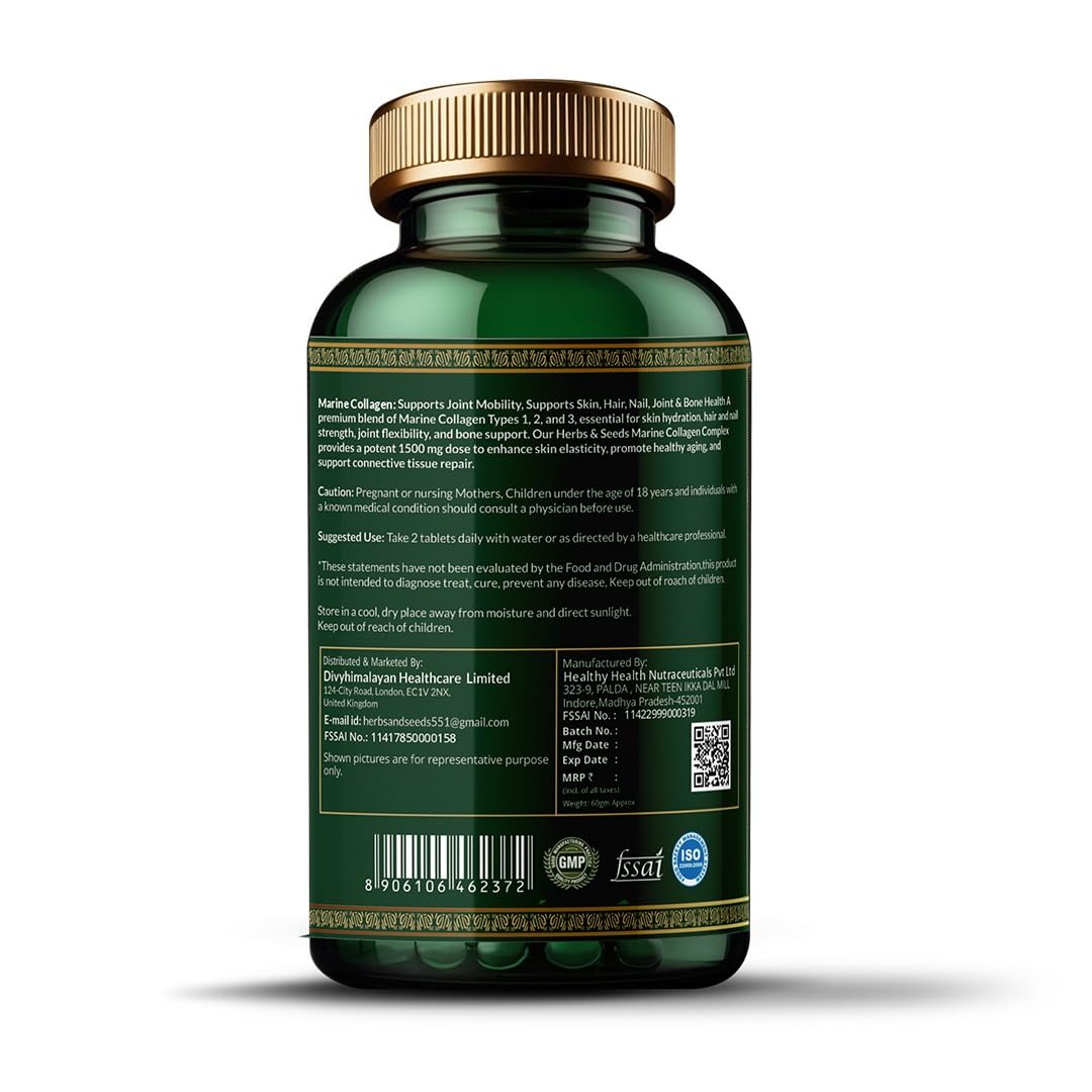 Herbs & Seeds Marine Collagen Pills for Women & Men, 120 Capsules | Type I, II, III, V, X - Hydrolyzed Collagen Peptides with Biotin, Hyaluronic Acid & Vitamin C,E Skin, Hair, Nail & Joint Support - dailyvitalstore
