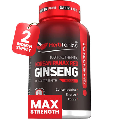 Herbtonics Korean Red Panax Ginseng 1500mg - Energy Supplement for Peak Performance, Focus & Vitality - High Potency Ginseng Root Extract - 120 Vegan Capsules - dailyvitalstore