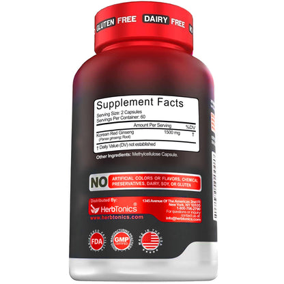 Herbtonics Korean Red Panax Ginseng 1500mg - Energy Supplement for Peak Performance, Focus & Vitality - High Potency Ginseng Root Extract - 120 Vegan Capsules - dailyvitalstore