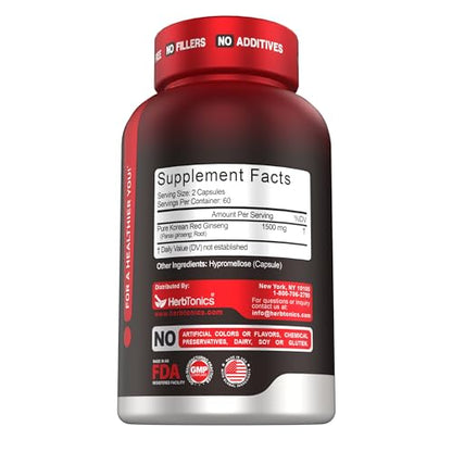 Herbtonics Korean Red Panax Ginseng 1500mg - Energy Supplement for Peak Performance, Focus & Vitality - High Potency Ginseng Root Extract - 120 Vegan Capsules - dailyvitalstore