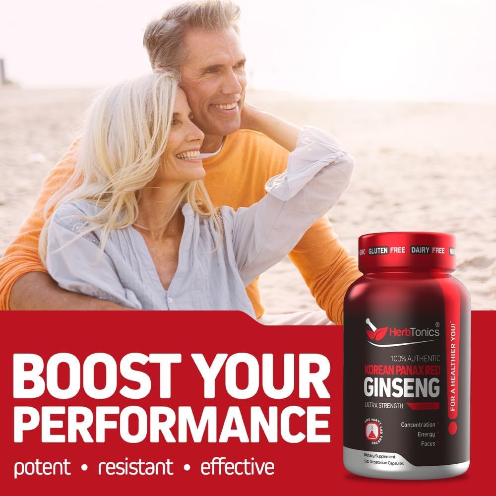 Herbtonics Korean Red Panax Ginseng 1500mg - Energy Supplement for Peak Performance, Focus & Vitality - High Potency Ginseng Root Extract - 120 Vegan Capsules - dailyvitalstore