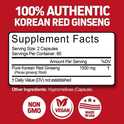 Herbtonics Korean Red Panax Ginseng 1500mg - Energy Supplement for Peak Performance, Focus & Vitality - High Potency Ginseng Root Extract - 120 Vegan Capsules - dailyvitalstore