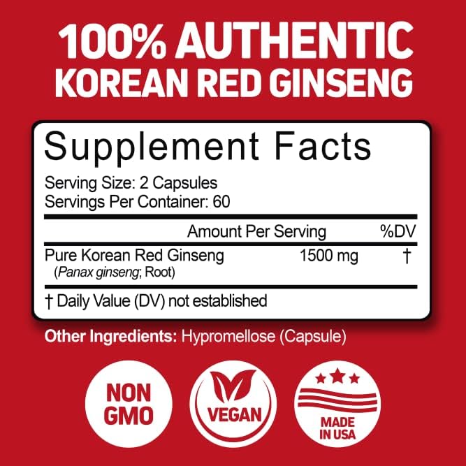 Herbtonics Korean Red Panax Ginseng 1500mg - Energy Supplement for Peak Performance, Focus & Vitality - High Potency Ginseng Root Extract - 120 Vegan Capsules - dailyvitalstore