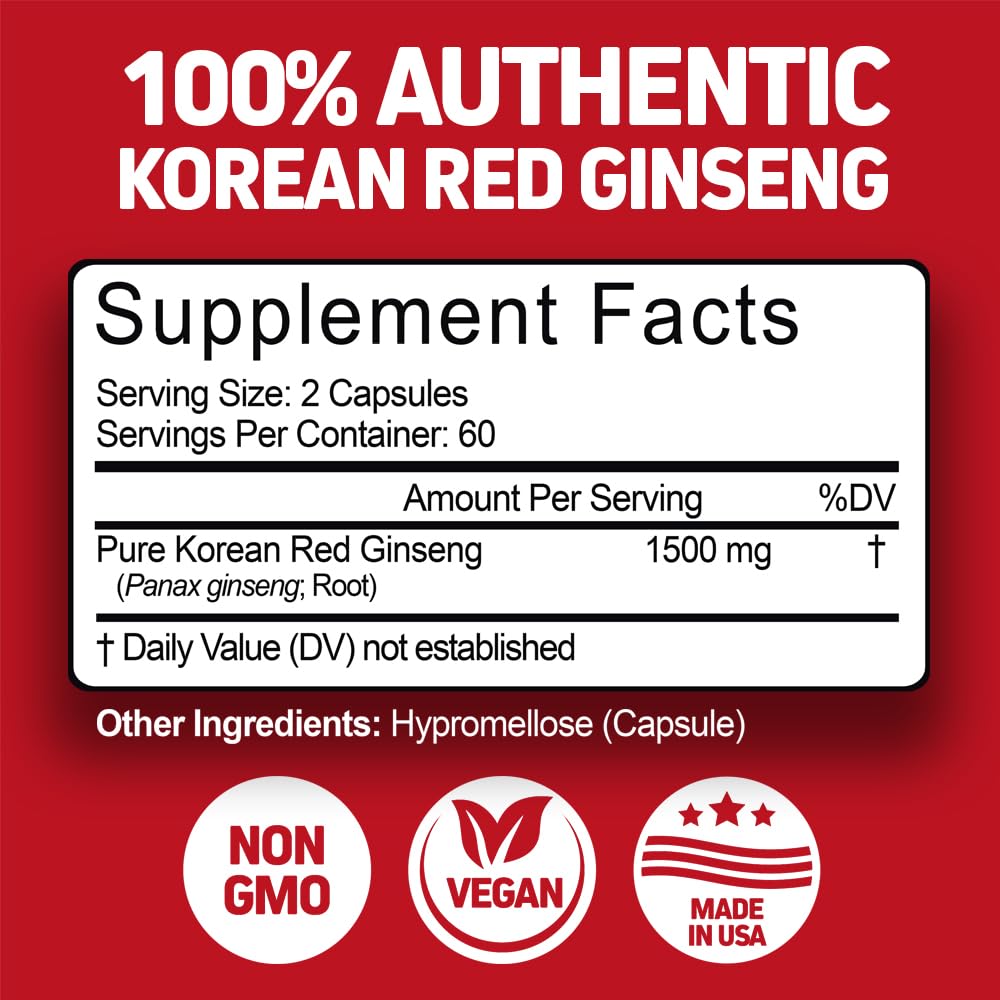 Herbtonics Korean Red Panax Ginseng 1500mg - Energy Supplement for Peak Performance, Focus & Vitality - High Potency Ginseng Root Extract - 240 Vegan Capsules - dailyvitalstore