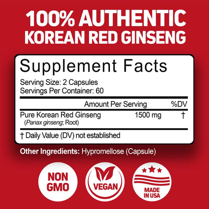 Herbtonics Korean Red Panax Ginseng 1500mg - Energy Supplement for Peak Performance, Focus & Vitality - High Potency Ginseng Root Extract - 240 Vegan Capsules - dailyvitalstore