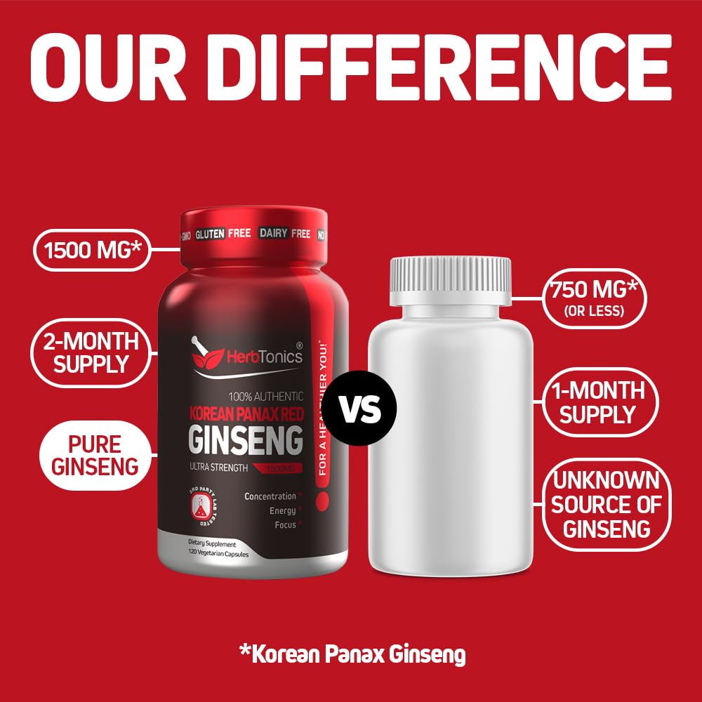 Herbtonics Korean Red Panax Ginseng 1500mg - Energy Supplement for Peak Performance, Focus & Vitality - High Potency Ginseng Root Extract - 240 Vegan Capsules - dailyvitalstore