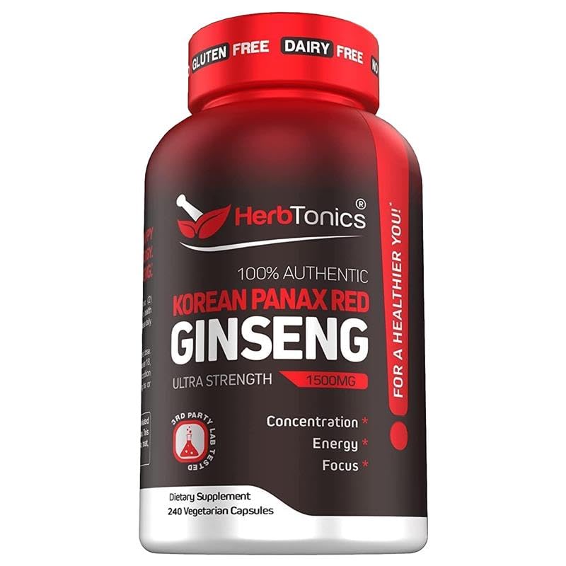 Herbtonics Korean Red Panax Ginseng 1500mg - Energy Supplement for Peak Performance, Focus & Vitality - High Potency Ginseng Root Extract - 240 Vegan Capsules - dailyvitalstore