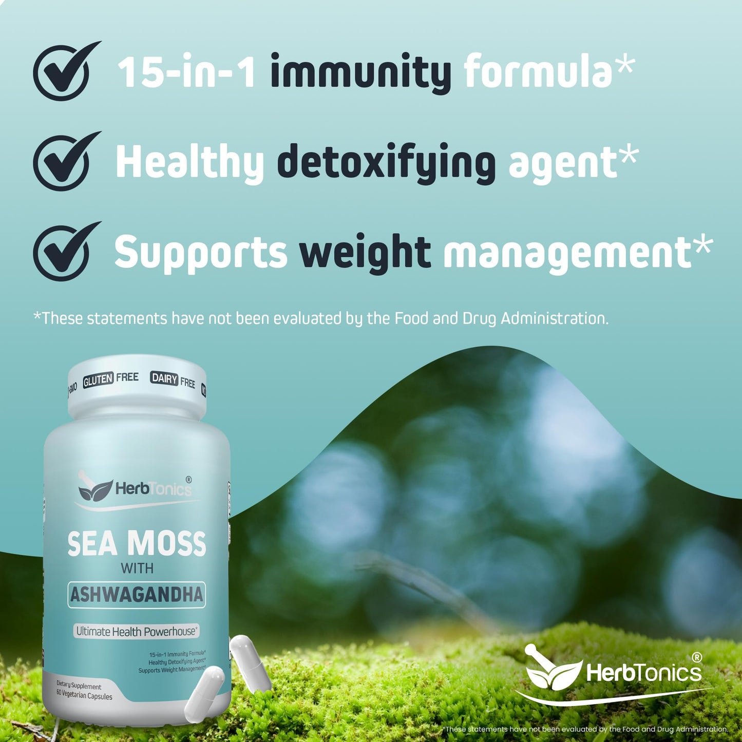 Herbtonics Sea Moss, Black Cumin Seed, Ashwagandha, Burdock Root & ACV Complex | Manage Immunity, Stress & Digestion Support | 60 Capsules (2 Capsules Per Serving) - dailyvitalstore