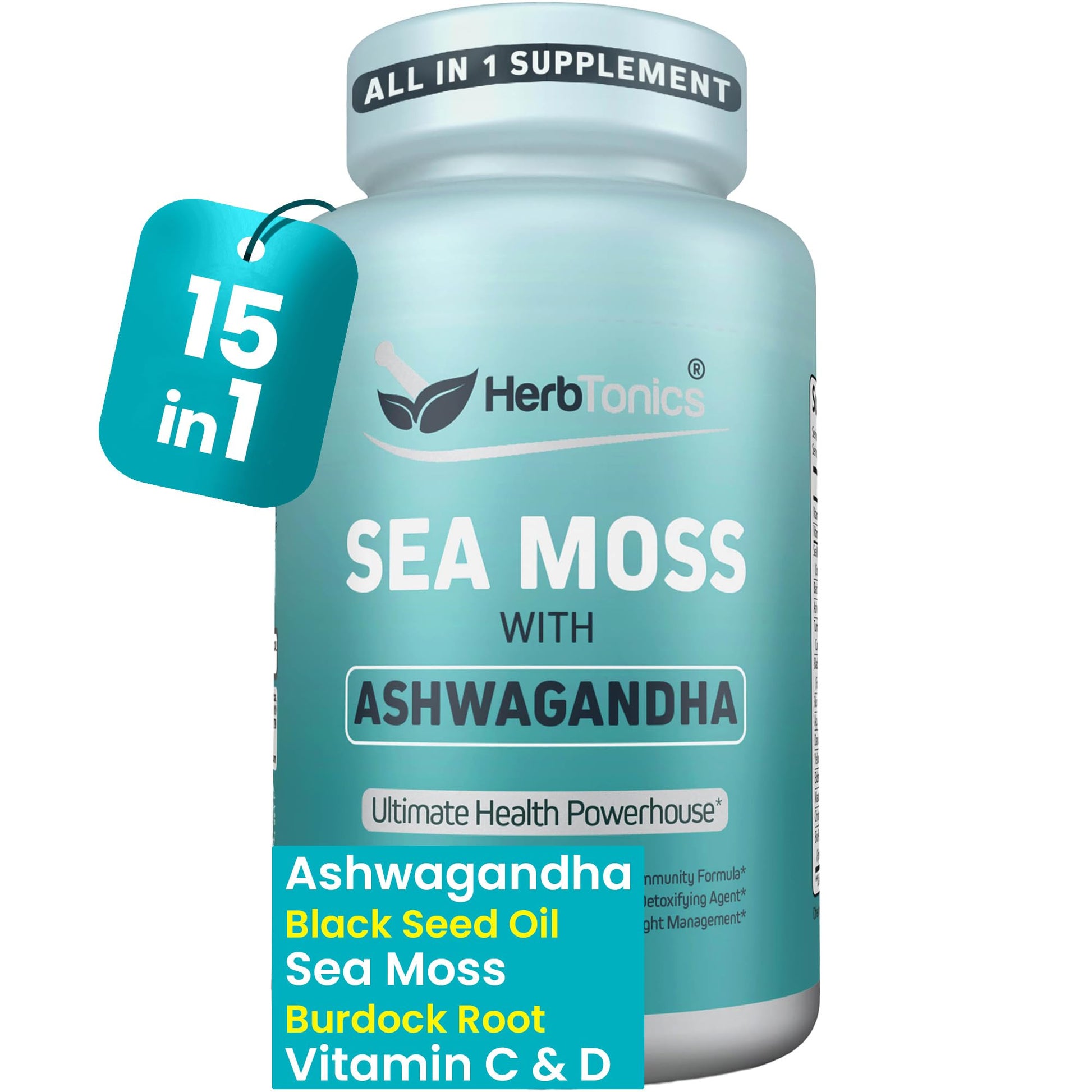 Herbtonics Sea Moss, Black Cumin Seed, Ashwagandha, Burdock Root & ACV Complex | Manage Immunity, Stress & Digestion Support | 60 Capsules (2 Capsules Per Serving) - dailyvitalstore