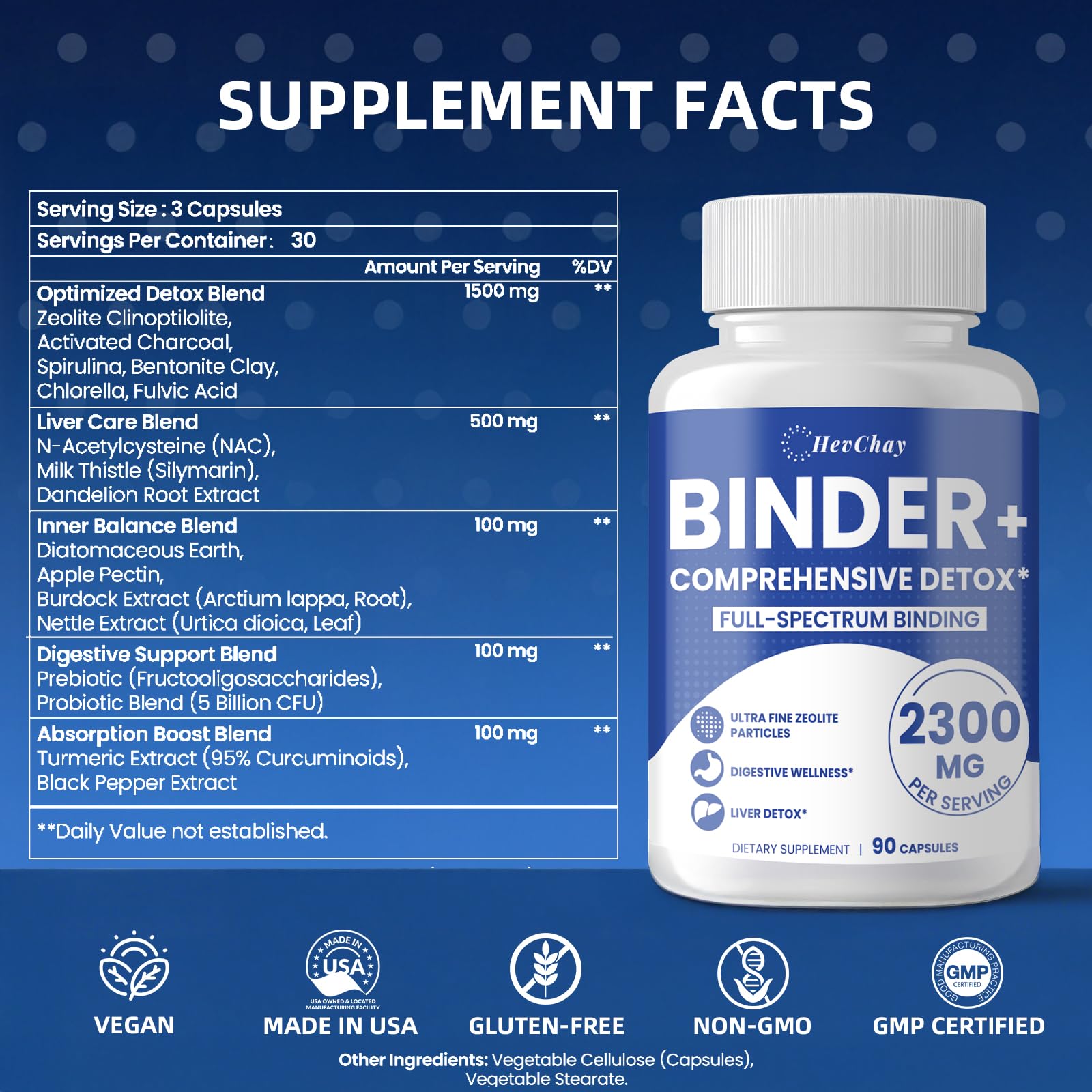 HevChay 2300 MG Detox Binder Supplement – All-in-1 Detox Binder, Activated Charcoal, Zeolite, Bentonite Clay – Liver & Gut Detox Cleanse, Toxin Flush, Digestive - dailyvitalstore