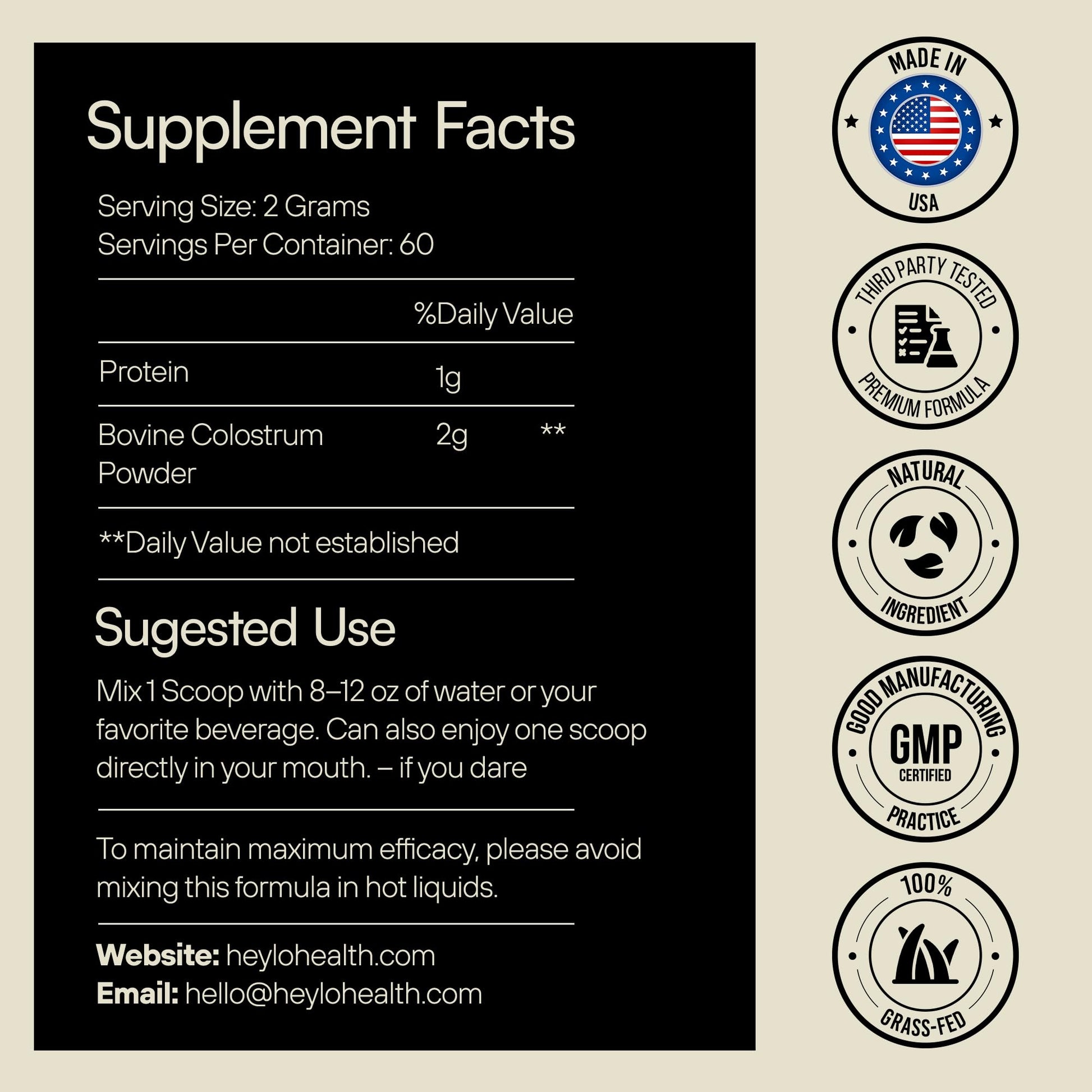 Heylo Premium Colostrum Powder – 100% Pure, Grass-Fed Bovine 40% IgG Supplement, Natural Gut Health Bloating Immunity Skin & Hair, Muscle Recovery, Rich in Immunoglobulins, 60 Servings - dailyvitalstore
