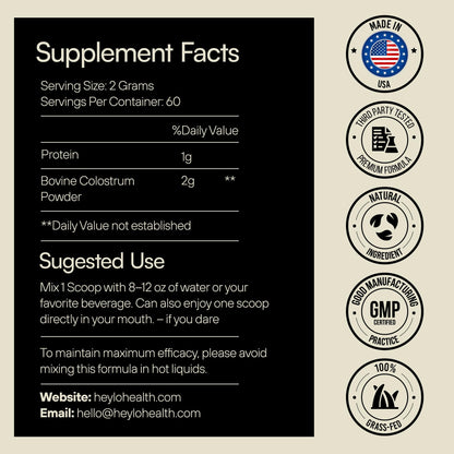 Heylo Premium Colostrum Powder – 100% Pure, Grass-Fed Bovine 40% IgG Supplement, Natural Gut Health Bloating Immunity Skin & Hair, Muscle Recovery, Rich in Immunoglobulins, 60 Servings - dailyvitalstore