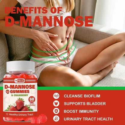HFELIZ D Mannose with Cranberry Gummies, D-Mannose Supplements 1300mg for Women, Support Natural Urinary Tract & Bladder Health, Sugar-Free, 60 Count - dailyvitalstore