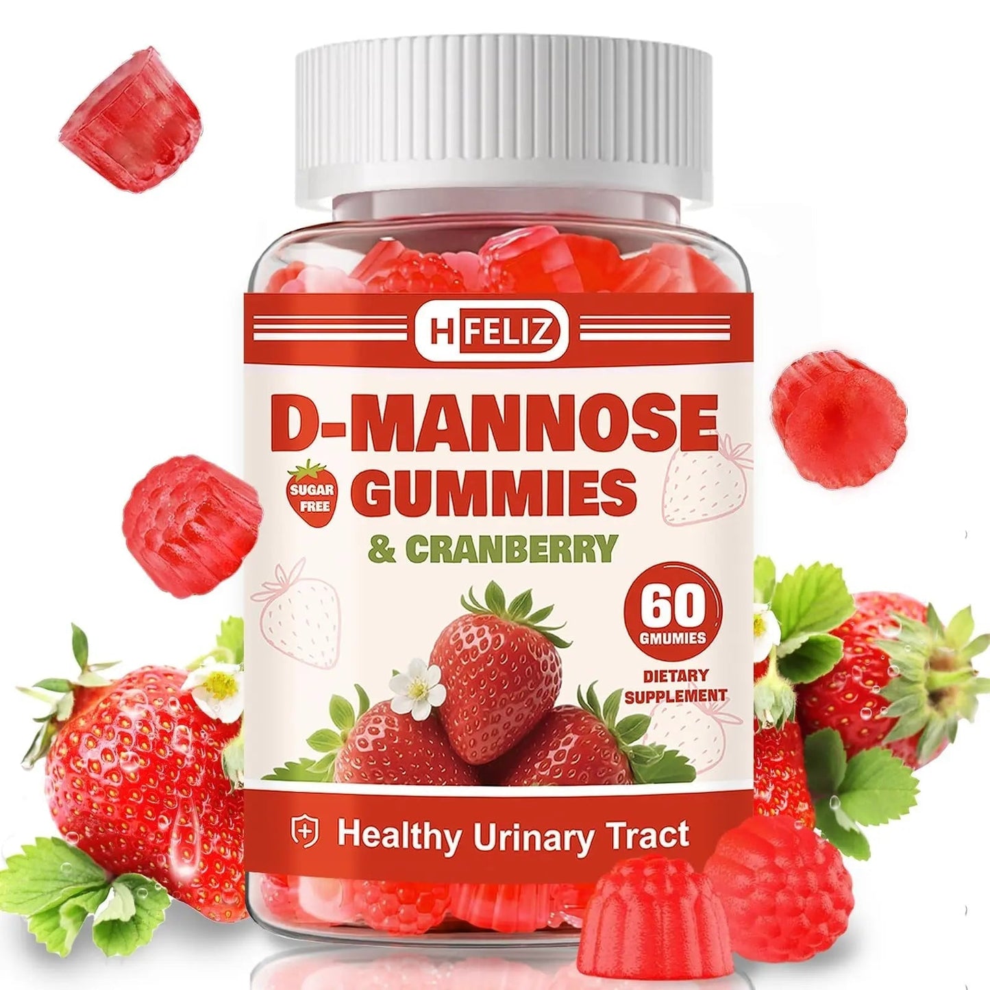 HFELIZ D Mannose with Cranberry Gummies, D-Mannose Supplements 1300mg for Women, Support Natural Urinary Tract & Bladder Health, Sugar-Free, 60 Count - dailyvitalstore