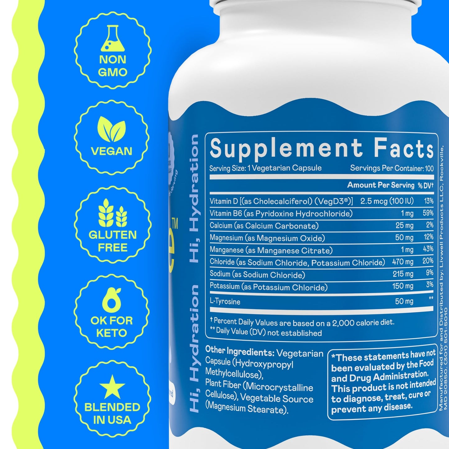 Hi-Lyte Unflavored Electrolyte Capsules - Hydration Support Supplement Tablets - Sodium, Potassium, Magnesium - 100 Servings - dailyvitalstore
