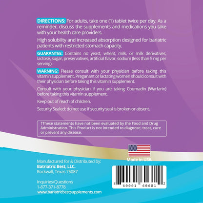 High A D E K Bariatric Multivitamin for Post DS/SADI Surgery, 25 Essential Nutrients for Post-Weight Loss Surgery, 60 Tablets - dailyvitalstore