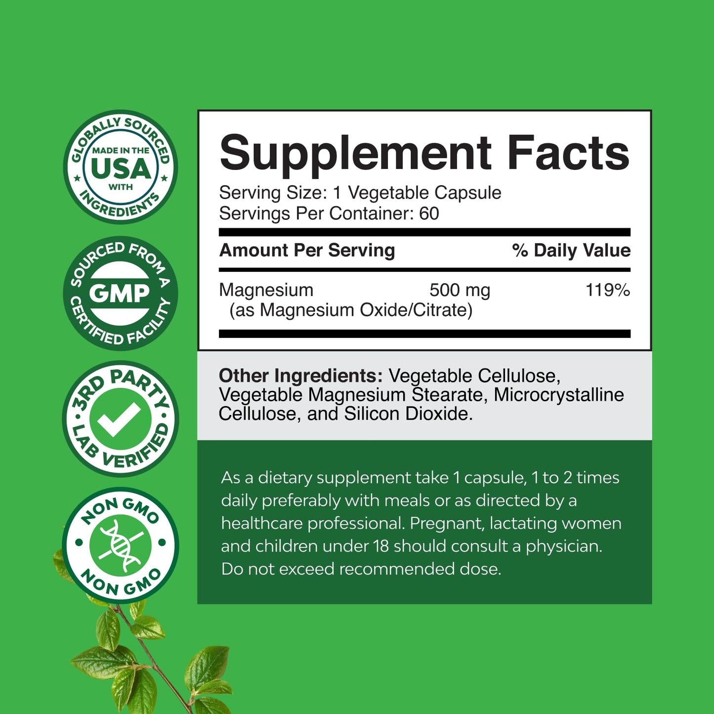 High Absorption Magnesium Complex Supplement - Magnesium Oxide 500mg with Citrate 500mg for Sleep and Mood Support - Pure Citrate per Serving for Muscle Stomach and Digestion - 60 Count - dailyvitalstore