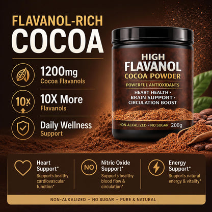 High Flavanol Cocoa Powder, Flavanol Rich Cocoa Powder– 1200mg Cocoa Flavanols – 10X More Flavanols – Supports Heart Health, Nitric Oxide & Energy - dailyvitalstore