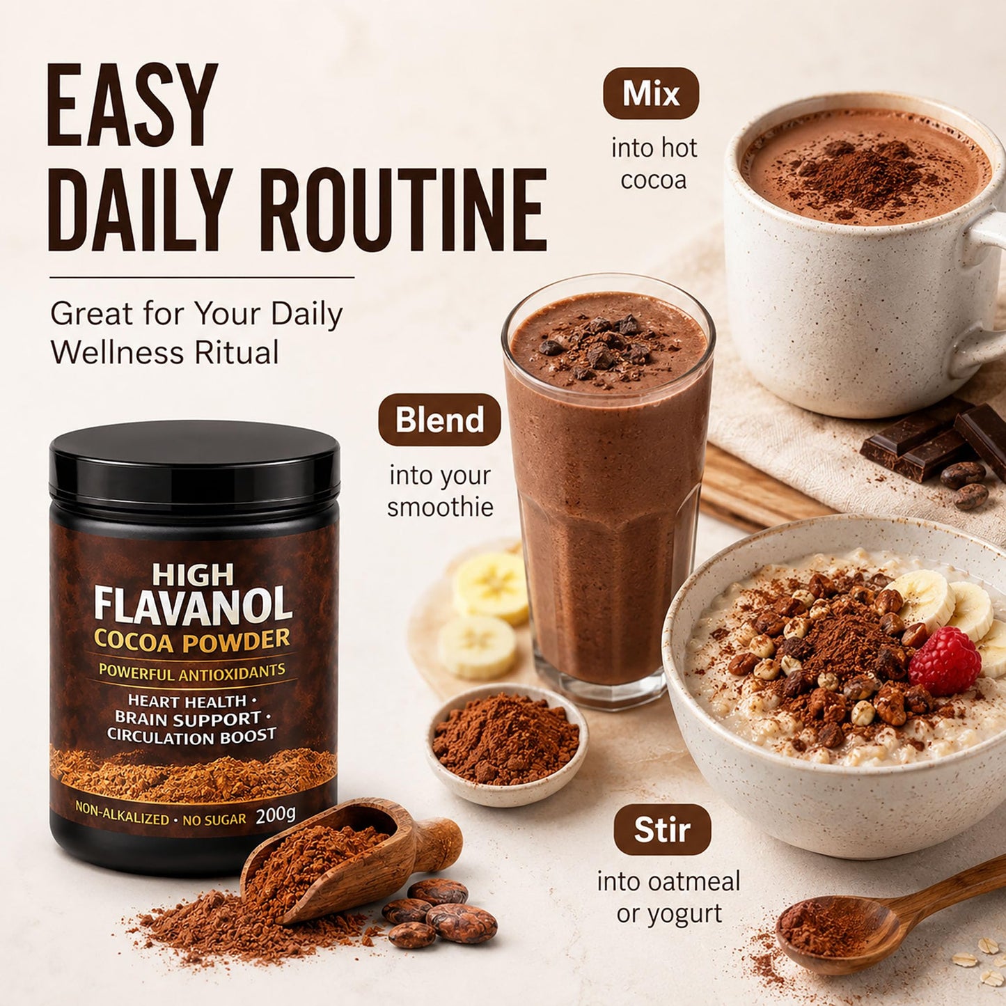 High Flavanol Cocoa Powder, Flavanol Rich Cocoa Powder– 1200mg Cocoa Flavanols – 10X More Flavanols – Supports Heart Health, Nitric Oxide & Energy - dailyvitalstore