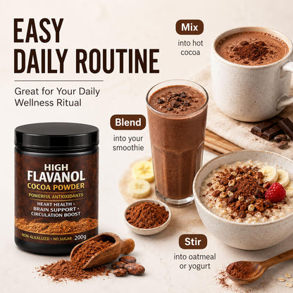 High Flavanol Cocoa Powder, Flavanol Rich Cocoa Powder– 1200mg Cocoa Flavanols – 10X More Flavanols – Supports Heart Health, Nitric Oxide & Energy - dailyvitalstore