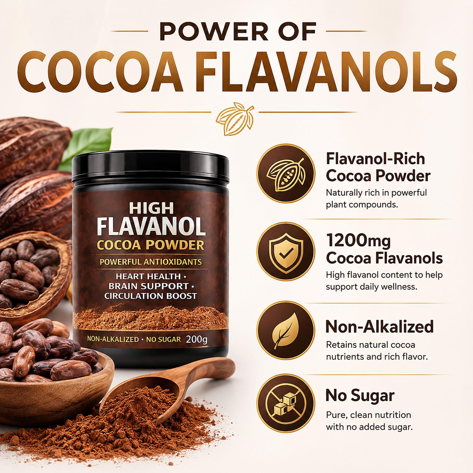 High Flavanol Cocoa Powder, Flavanol Rich Cocoa Powder– 1200mg Cocoa Flavanols – 10X More Flavanols – Supports Heart Health, Nitric Oxide & Energy - dailyvitalstore