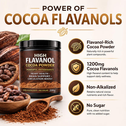 High Flavanol Cocoa Powder, Flavanol Rich Cocoa Powder– 1200mg Cocoa Flavanols – 10X More Flavanols – Supports Heart Health, Nitric Oxide & Energy - dailyvitalstore