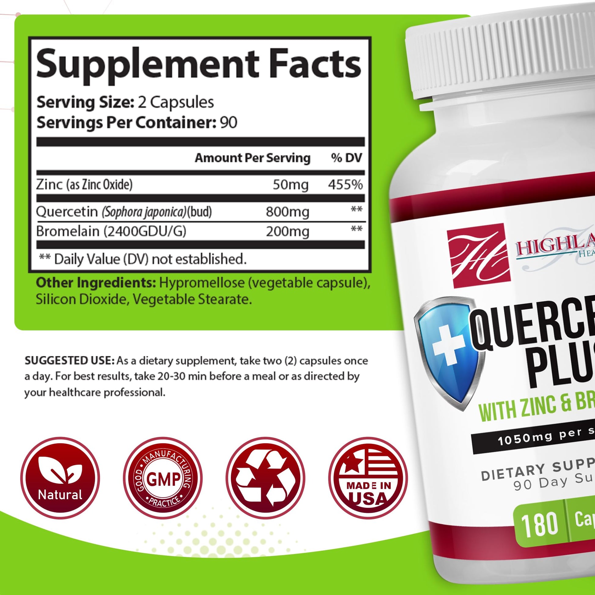 Highland Health Foods Quercetin Plus Bromelain and Zinc 180 Capsules - Immune Support Supplement for Adults, Teens, Seniors - Quercetin with Bromelain for Immune Support - dailyvitalstore