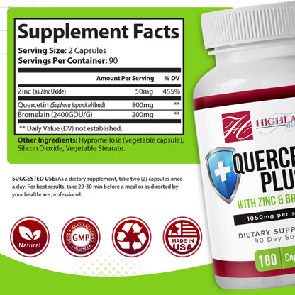 Highland Health Foods Quercetin Plus Bromelain and Zinc 180 Capsules - Immune Support Supplement for Adults, Teens, Seniors - Quercetin with Bromelain for Immune Support - dailyvitalstore