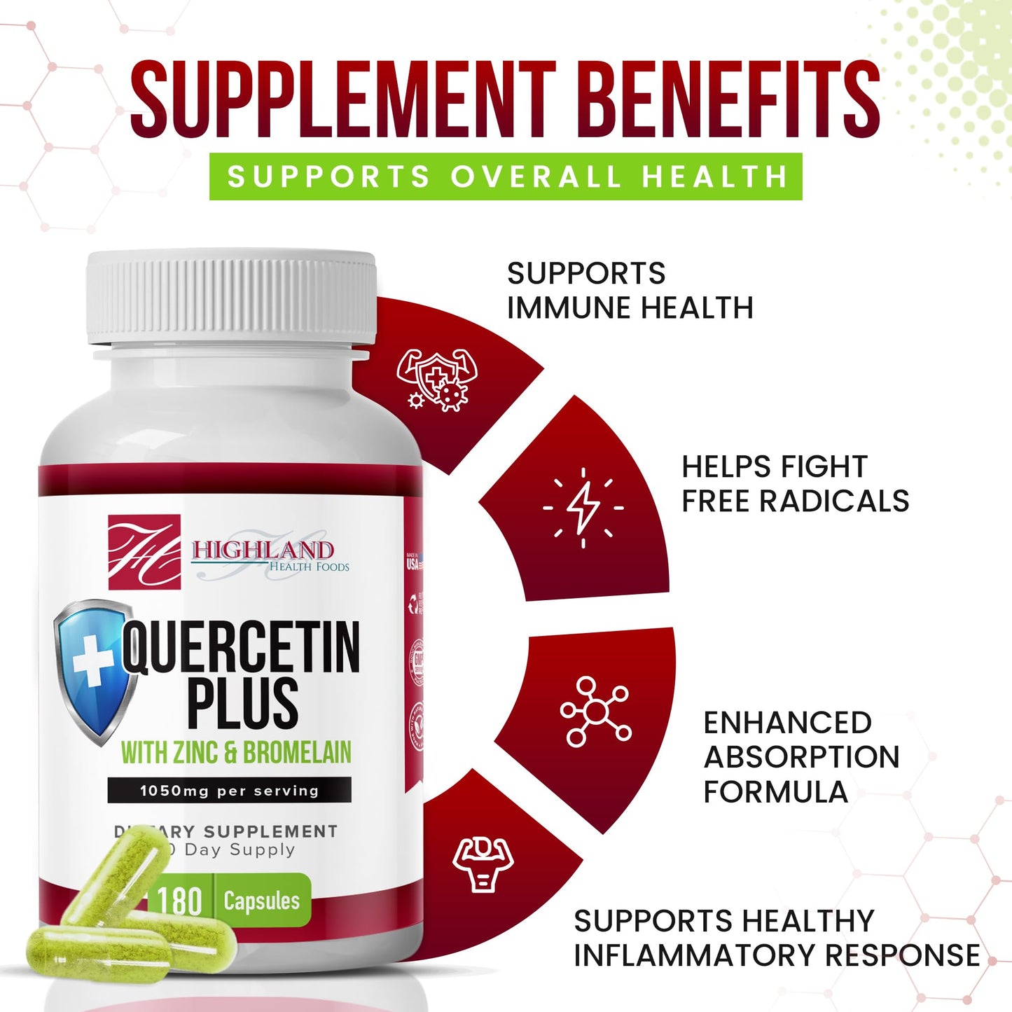 Highland Health Foods Quercetin Plus Bromelain and Zinc 180 Capsules - Immune Support Supplement for Adults, Teens, Seniors - Quercetin with Bromelain for Immune Support - dailyvitalstore