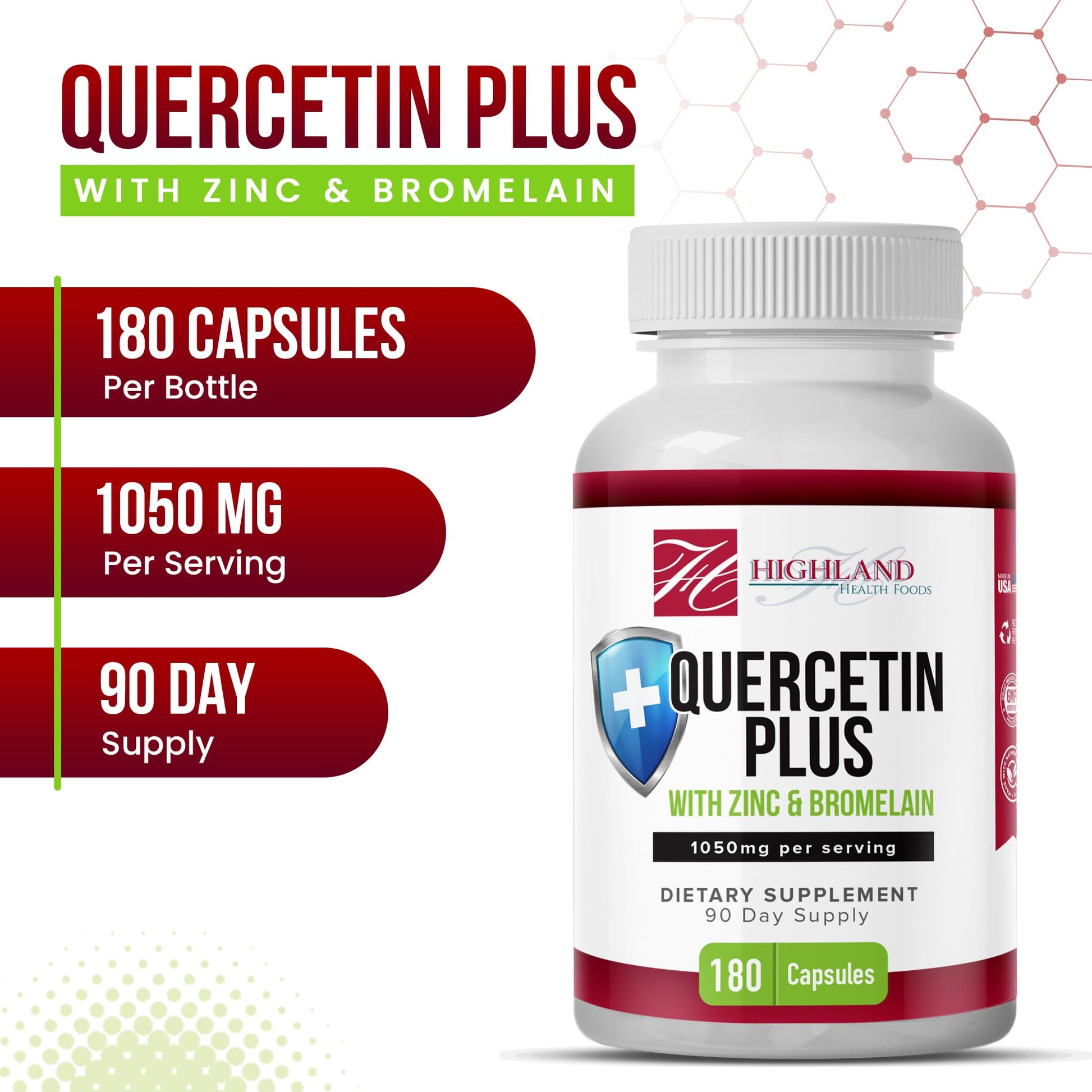 Highland Health Foods Quercetin Plus Bromelain and Zinc 180 Capsules - Immune Support Supplement for Adults, Teens, Seniors - Quercetin with Bromelain for Immune Support - dailyvitalstore